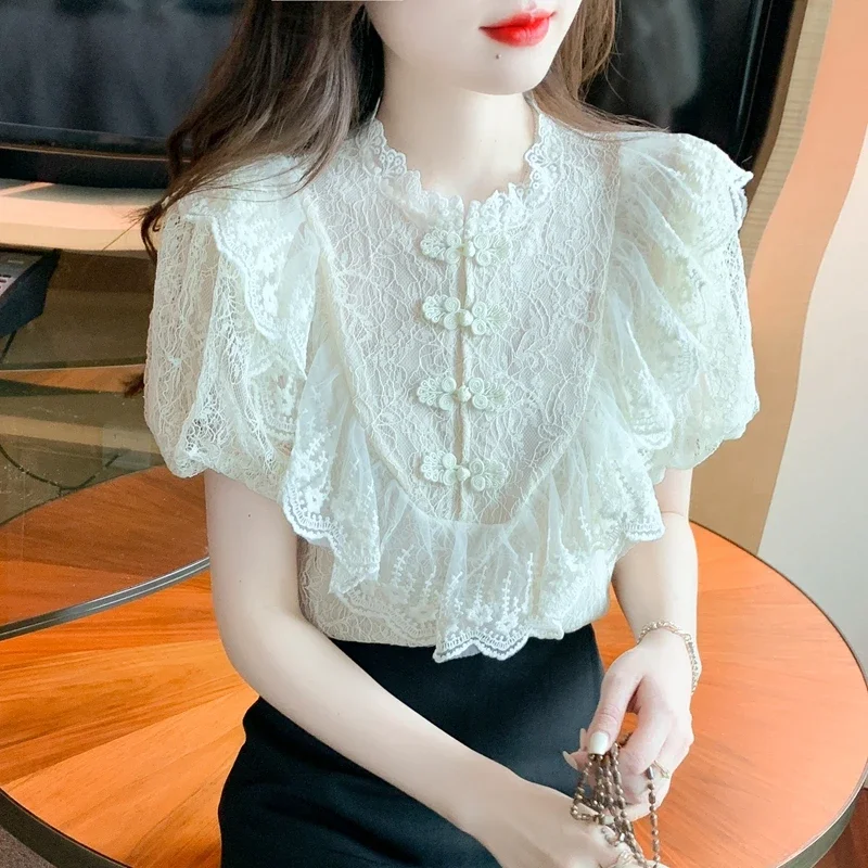 Vintage Lace Blouses Women Summer 2026 Elegant Fashion Casual Puff Sleeve Ladies Tops Korean Style Slim Y2k Chiffon Shirts - Image 2