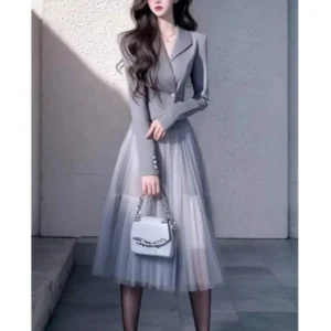 New Luxury High End Celebrity Women's Two Piece Set Spring Elegant Lapel Slim Short Blazer Jacket + Mesh Skirt Fashion Suits