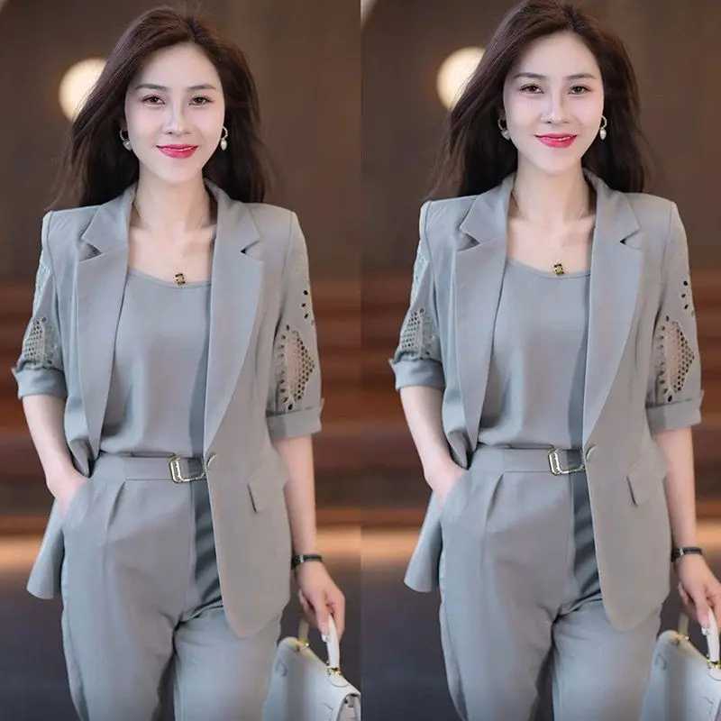 2025 Autumn New Vintage Hollow Short Sleeve Jacket with Tank Top Casual Pants Three Piece Elegant Women's Pants Suit Office Set - Image 3