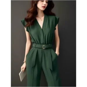 2025 Summer Women's New Fashion V-neck Casual Jumpsuit Female Long Sleeveless Romper Ladies Solid Color Loose Playsuit
