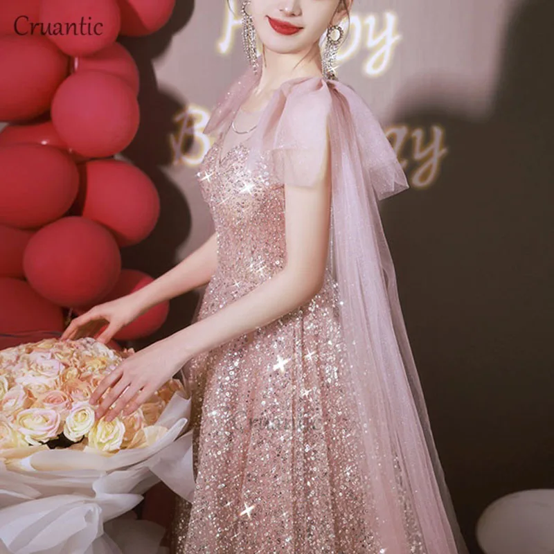 Luxury Tulle A-Line Evening Dresses Elegant Spaghetti Strap With Bow Night Cocktail Dress Sexy V-Neck Sequined Party Dresses - Image 4